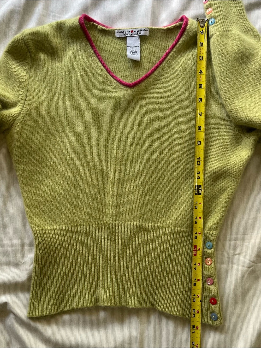 Vintage Lime Green V-Neck Sweater with Pink Trim & rainbow of buttons on sleeves - Picture 4 of 4